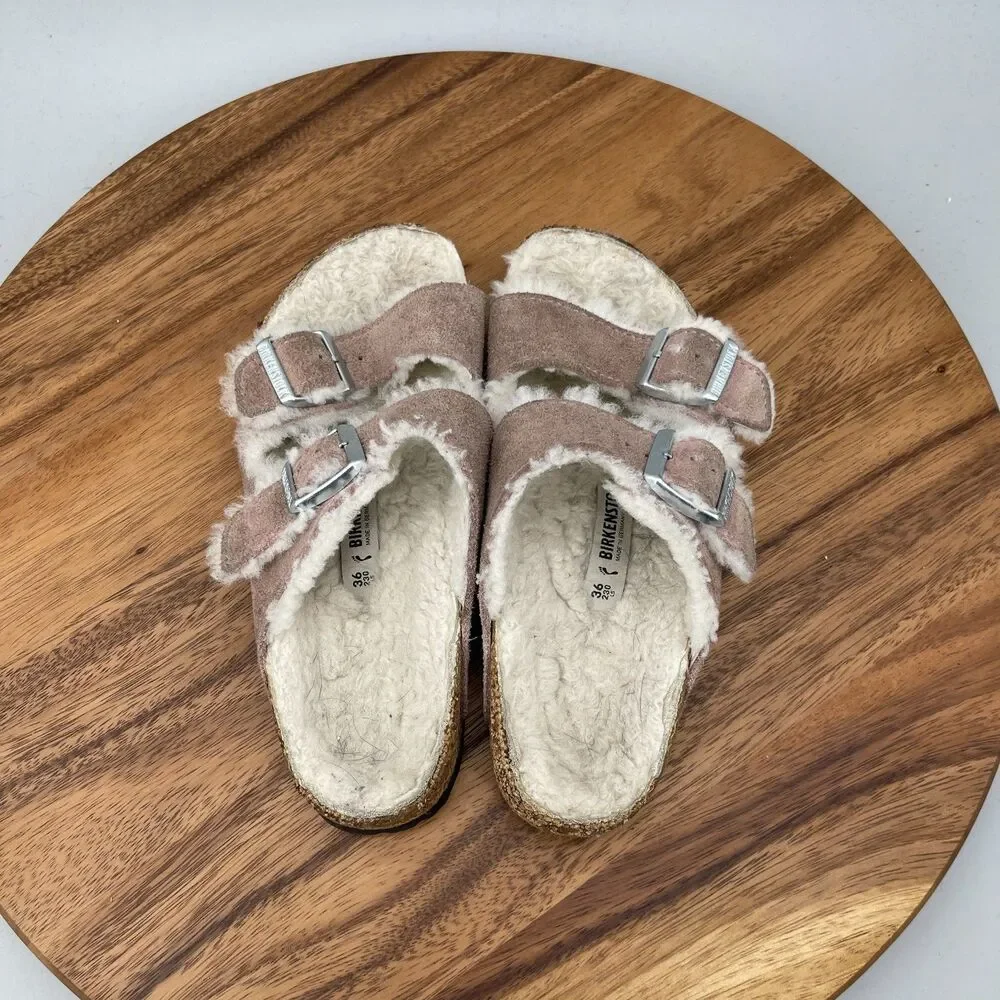 Birkenstock Arizona Shearling Sandals Womens 5 / 36 Suede Leather Dusty Pink